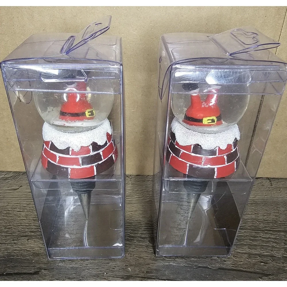 Pier 1 Imports Upside-down Santa Snowglobe Wine Bottle Stopper NIB Set Of 2